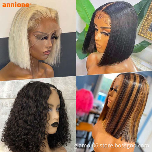 613 Custom Color Blonde Straight Peruvian Human Hair Short Pre-Plucked Transparent Lace Front Bob Wig